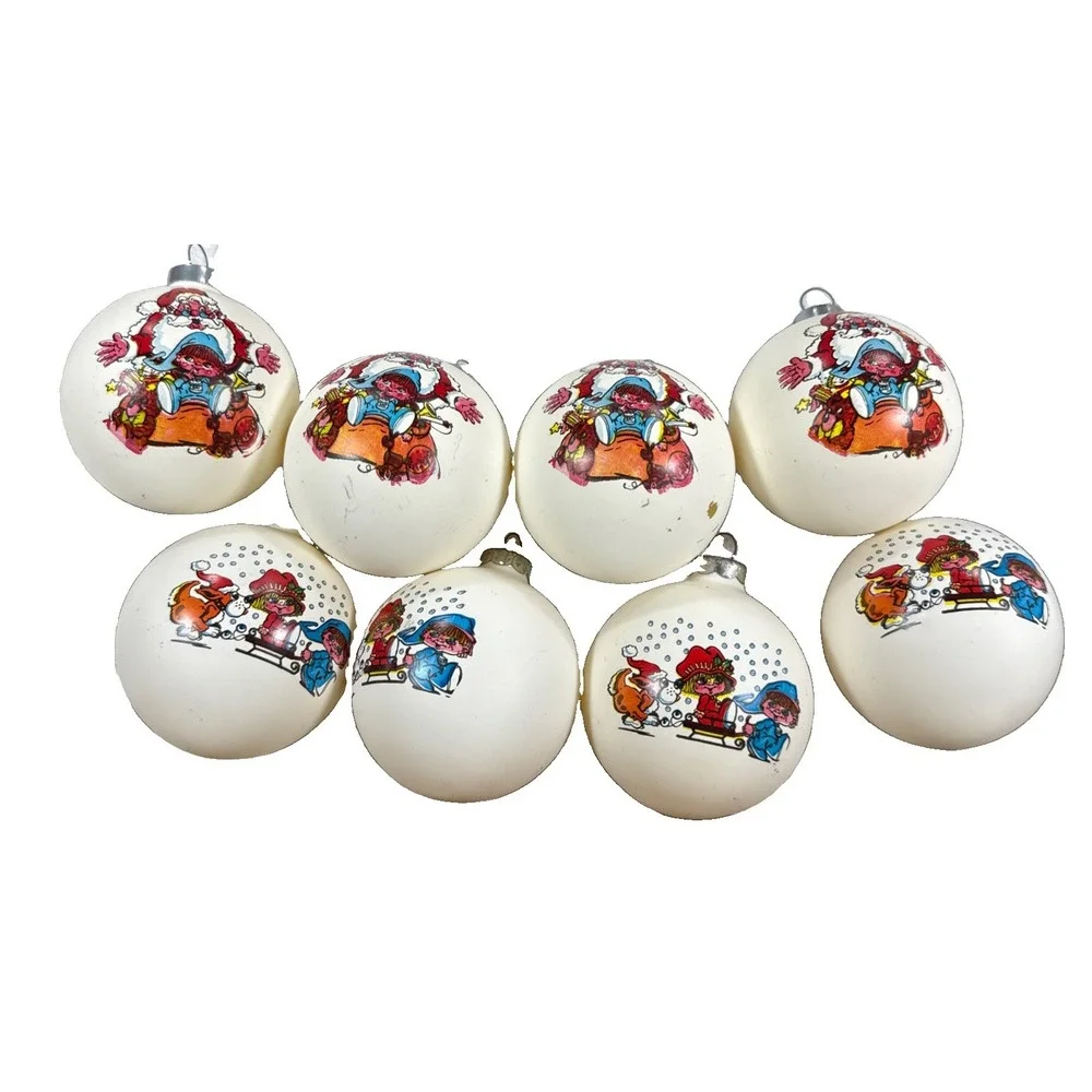 VINTAGE 1980's Cream Glass Christmas Ornaments Santa Sledding Holiday Lot Of 8